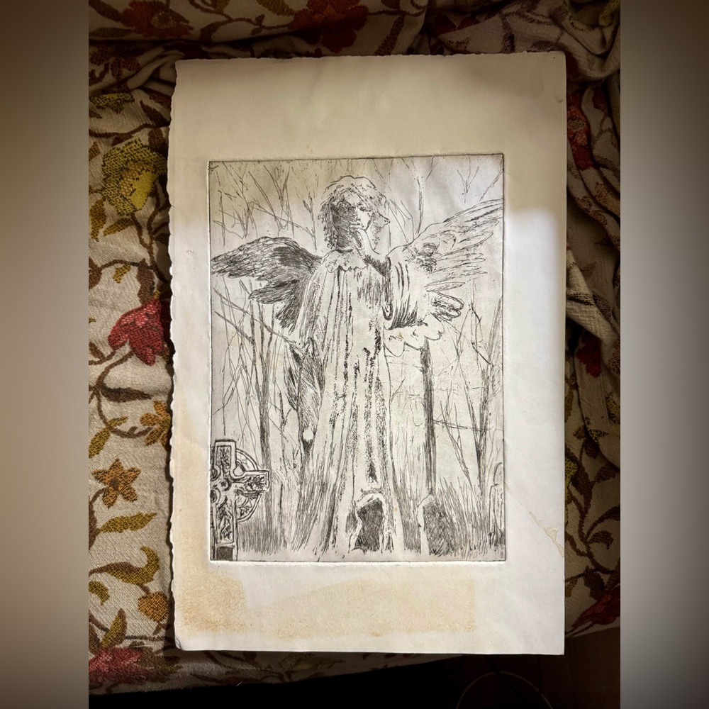 ✨ 11x14” Vintage Angel Etching • Celtic Cross • Gothic Art • Ink Linework Print✨